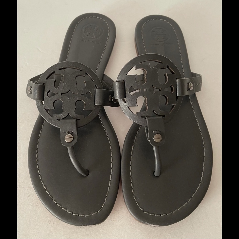 Authentic Tory Burch Miller Logo Leather Sandals Gray 7